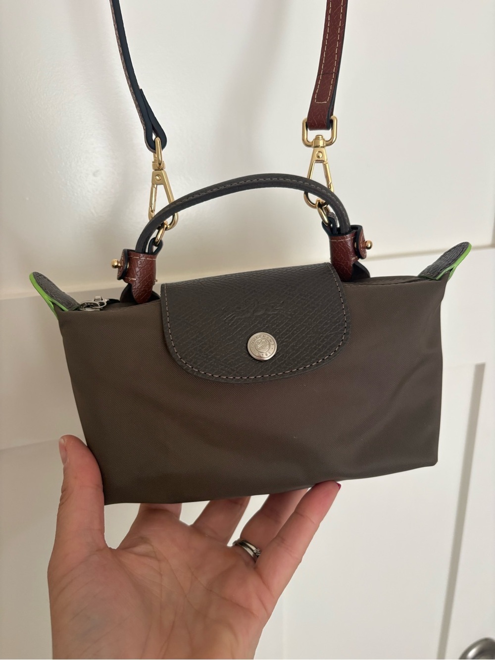 Longchamp Le Pliage XS Brown Leather & Nylon Crossbody Top Handle Rare Lime Trim - Picture 6 of 11